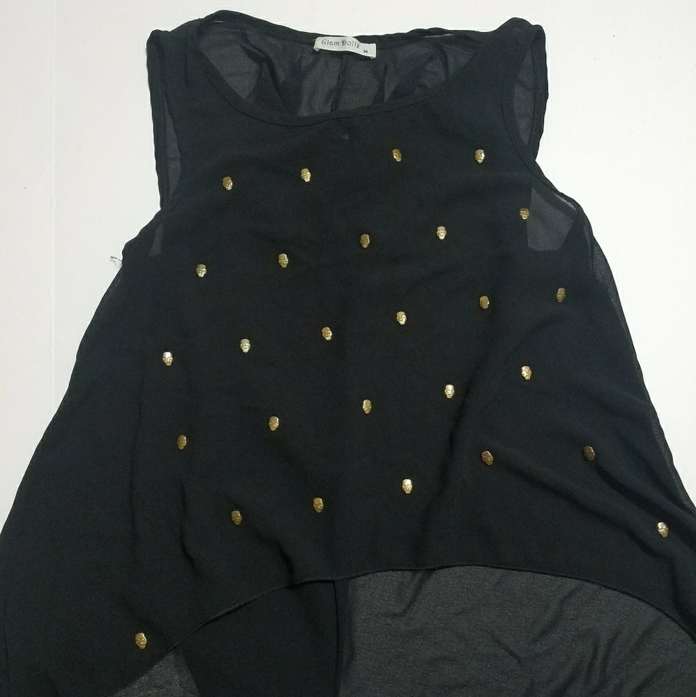 Black Sheer Gold Skull Sleeveless Crop Top Medium